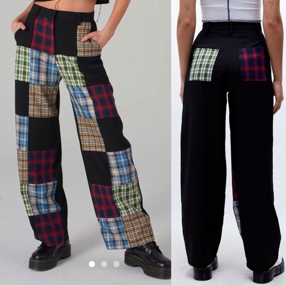 The Ragged Priest X Free People Error Plaid Patchwork Straight Leg Pants Trouser